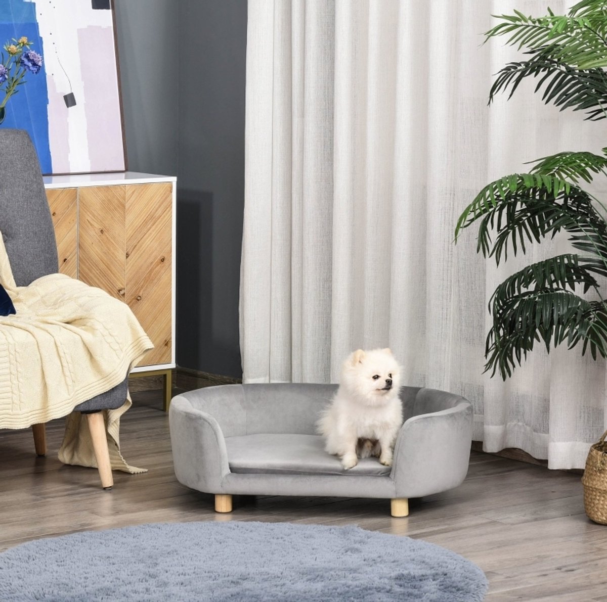 REDOM - Huisdierenbank - Modern design - Driezijdige armleuningen - Afneembaar foamkussen - Fluwelen stof - Woonkamer - Hout - Grijs - 86 x 55 x 33 cm