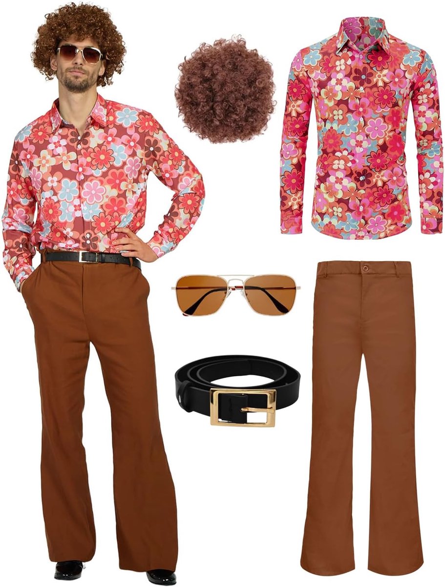 70 discokostuum set hippie heren outfit met wijde broek hemd jaren 80
