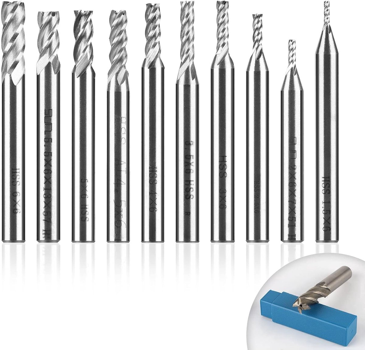 Hss schachtfrees, 10 stuks, 4 fluiten, diameter 1,5 - 6 mm