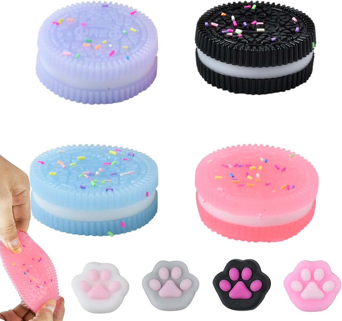 kleverige taart, anti-stress koekjes, speelgoed voor squishy koekjes, 4 koekjes met stressverlichting en 4 Squishy mini-kattenpoten speelgoed