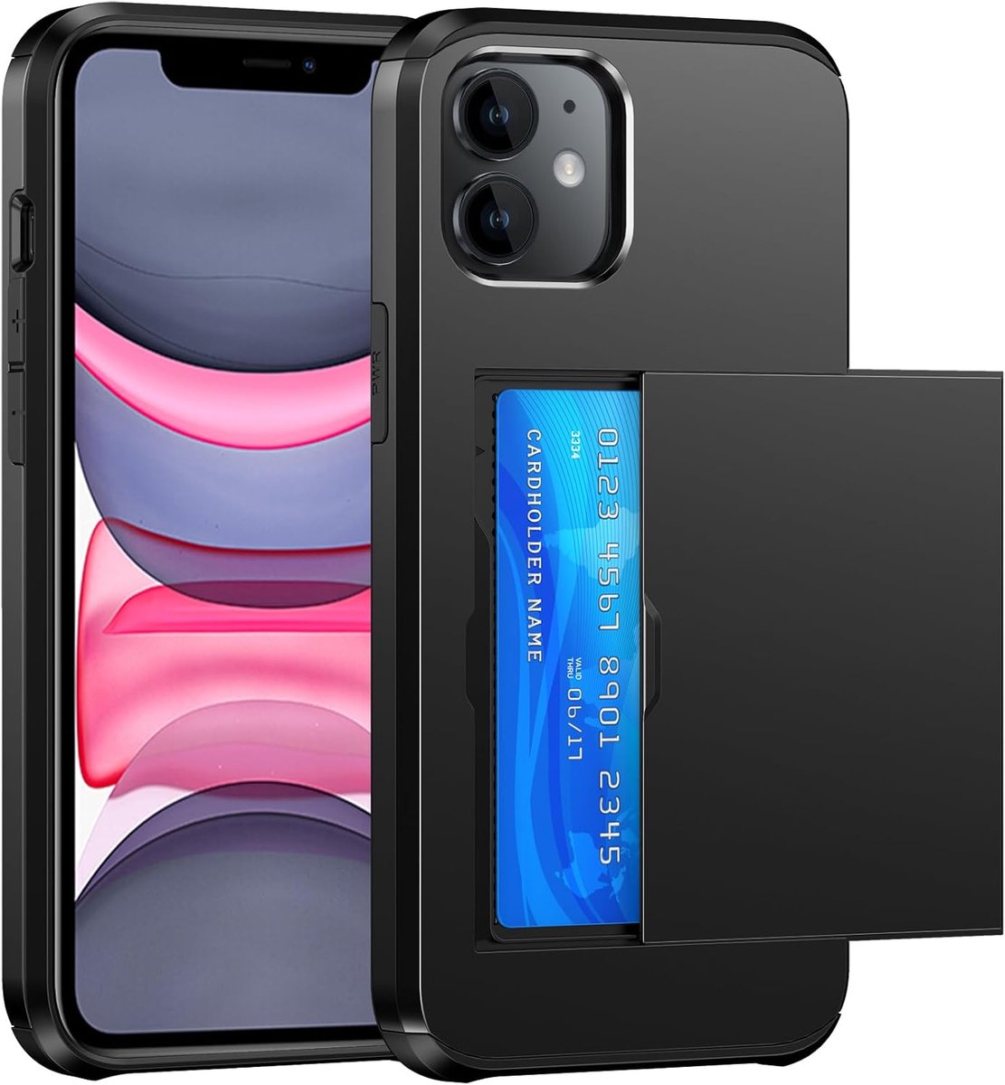 Portemonnee voor iPhone 11 Hoesje met Kaarthouder, Zwart | Dubbellaagse Militaire Kwaliteit, Beschermende Schokbestendige, Verborgen Kaartsleuf, Slanke Pasvorm Telefoonhoesje