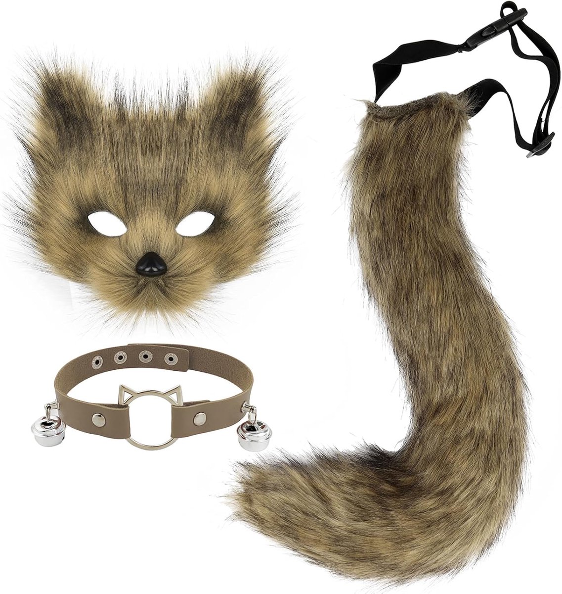 Set met vossenmasker van nepbont, wolvenstaart en leren halsketting, cosplay kostuumaccessoire