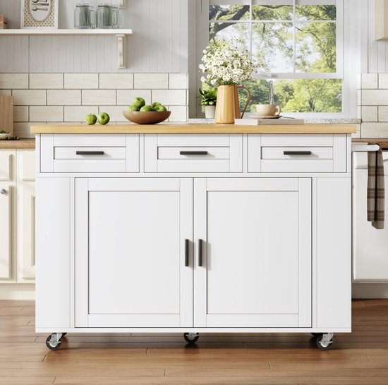 MIVRAY Keuken Eilandwagen Met Klapbaar Werkblad En Veel Opbergruimte Voor Keuken En Eetruimte MDF Natural White 120x70x84 Cm van Borvat — afbeelding 2