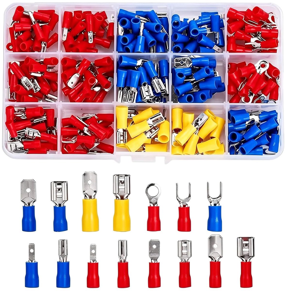 280-delige krimpconnectorset, elektrisch geïsoleerde krimpklemmen, ring-vork-spade-aansluiting - mannelijke en vrouwelijke spade-connectoren, messing, rood, blauw, geel