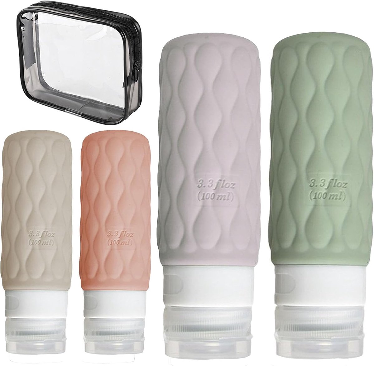 4 reisflessen van siliconen, 100 ml, met 8 draagbare reisaccessoires