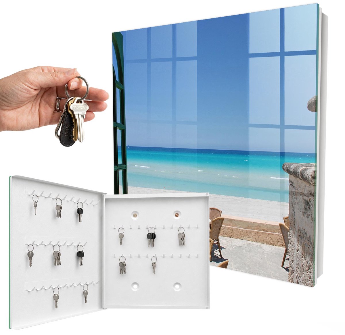 WallMuralia - Sleutelkast - 30x30x5 cm - met 50 haken - Recreatie Aan Zee Sleutelkastje Huis - Blauw Sleutelbox - Linksopenend - Wit interieur