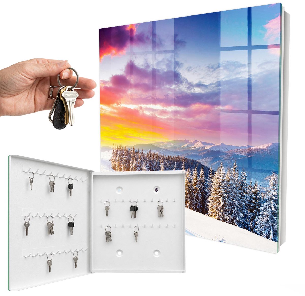 WallMuralia - Sleutelkast - 30x30x5 cm - met 50 haken - Winterse Zonsondergang Sleutelkastje Voor Binnen - Paars Sleutelbox - Linksopenend - Wit interieur