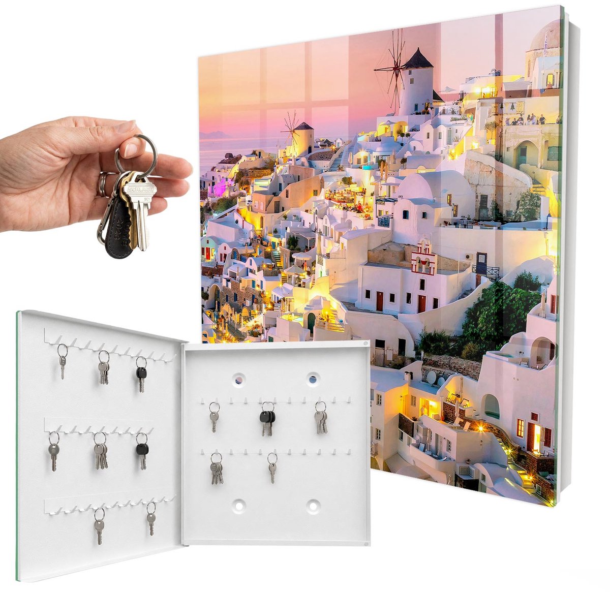 WallMuralia - Sleutelkast - 30x30x5 cm - met 50 haken - Grieks Landschap Sleutelkastje Klein - Wit Sleutelbox - Linksopenend - Wit interieur