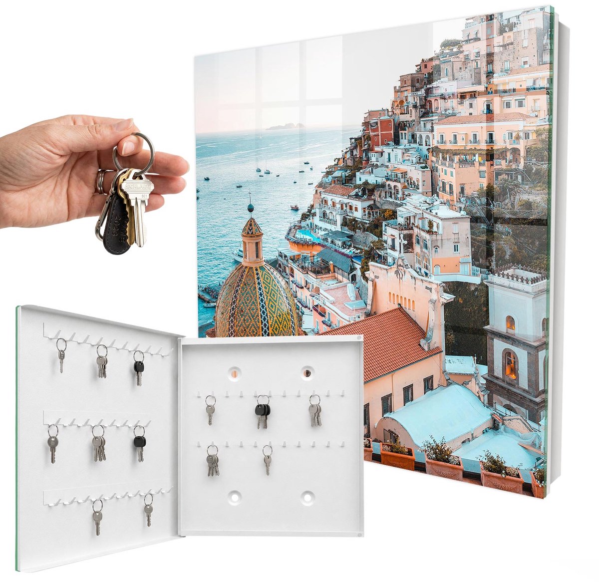 WallMuralia - Sleutelkast - 30x30x5 cm - met 50 haken - Mediterrane Charme Sleutelkastje Gang - Oranje Sleutelbox - Linksopenend - Wit interieur