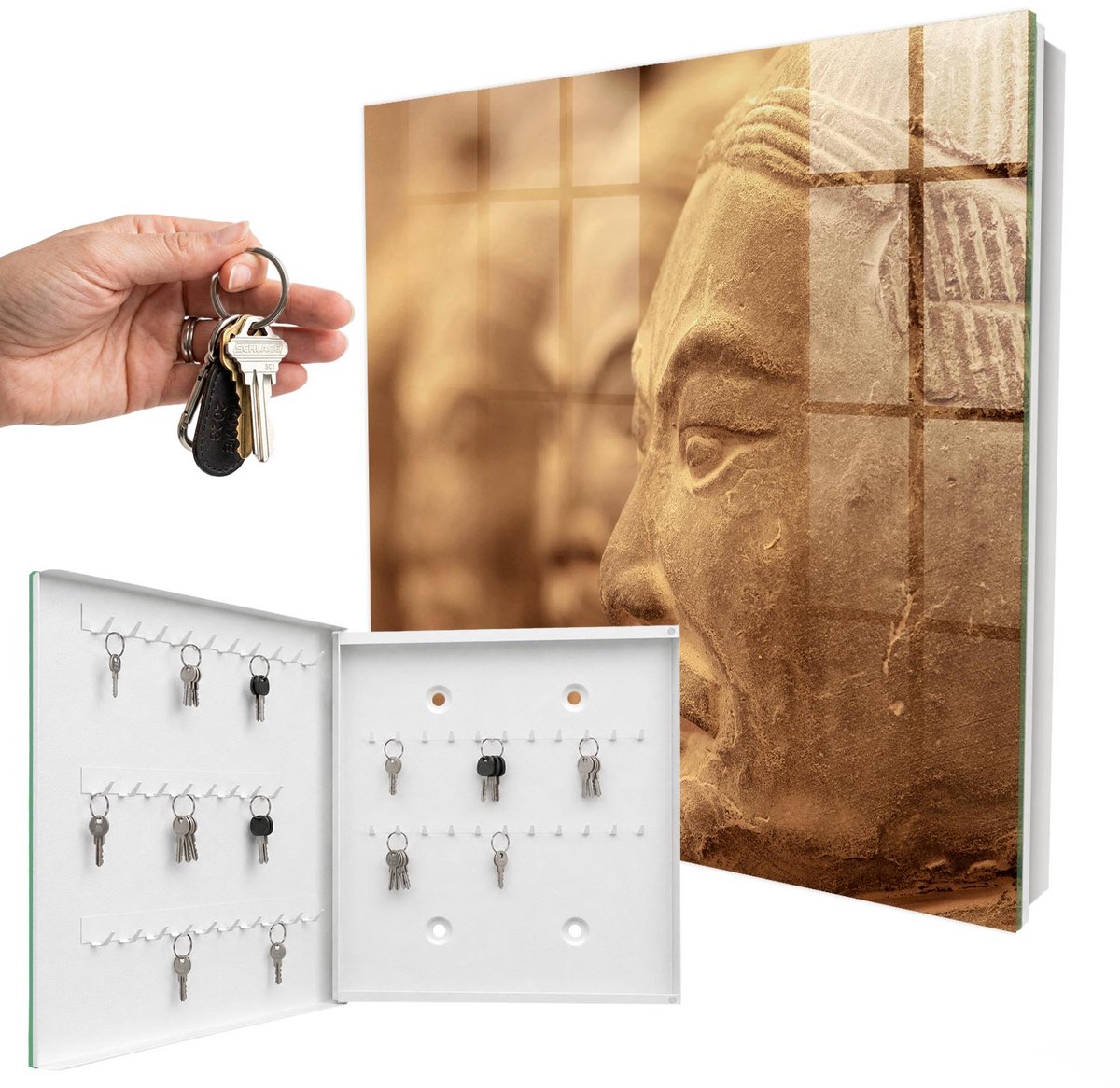 WallMuralia - Sleutelkast - 30x30x5 cm - met 50 haken - Historische Sculptuur Groot Sleutelkastje - Beige Sleutelbox - Linksopenend - Wit interieur