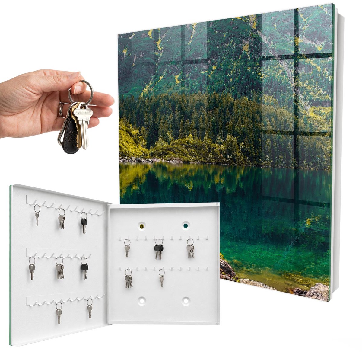 WallMuralia - Sleutelkast - 30x30x5 cm - met 50 haken - Idylle In De Bergen Sleutelkastje Gang - Groente Sleutelbox - Linksopenend - Wit interieur