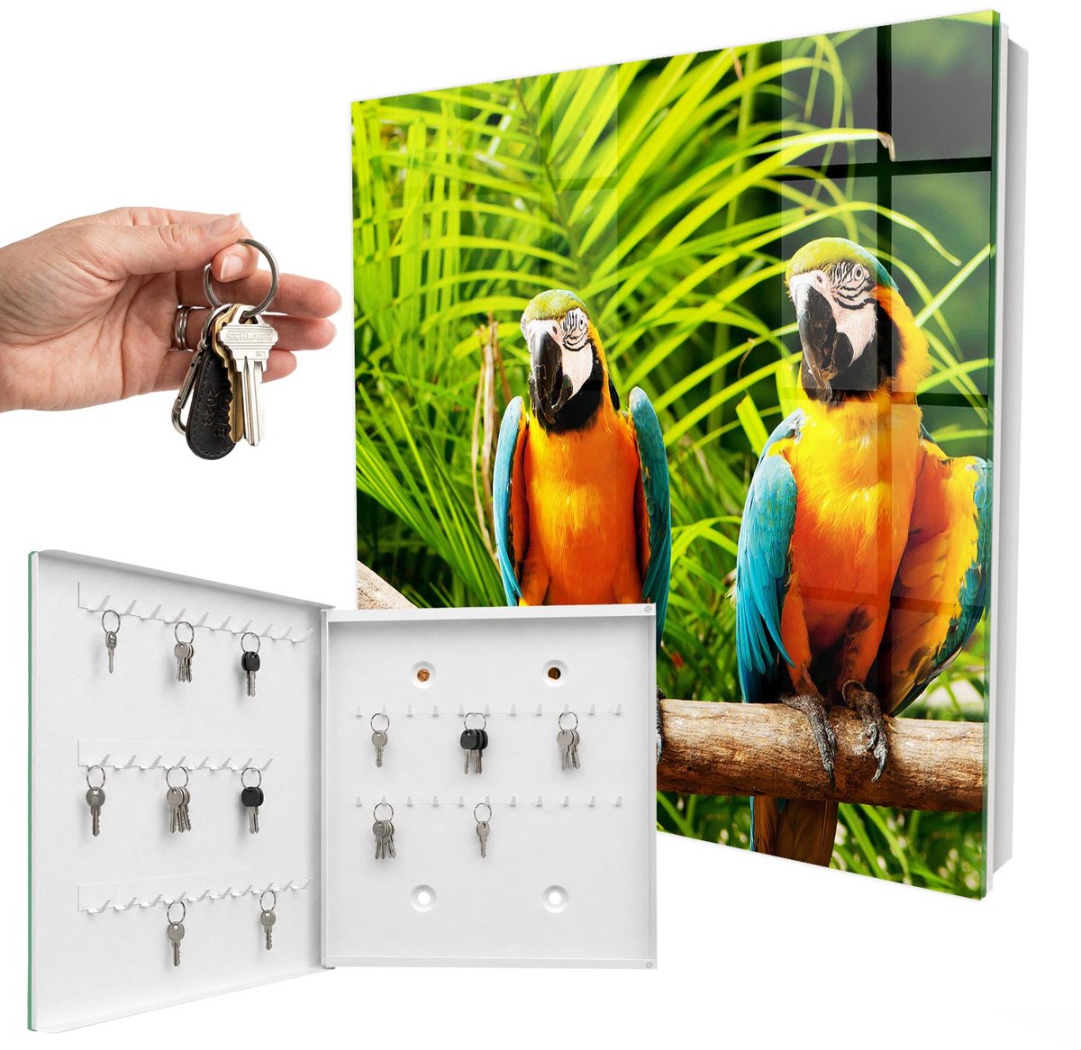 WallMuralia - Sleutelkast - 30x30x5 cm - met 50 haken - Tropische Vogels Design Sleutelkastje - Groente Sleutelbox - Linksopenend - Wit interieur