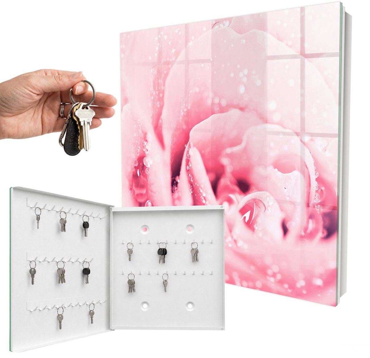 WallMuralia - Sleutelkast - 30x30x5 cm - met 50 haken - Rozen Delicatesse Leuk Sleutelkastje - Roze Sleutelbox - Linksopenend - Wit interieur