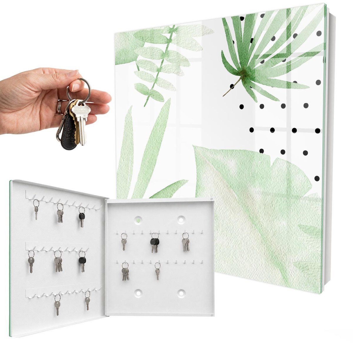 WallMuralia - Sleutelkast - 30x30x5 cm - met 50 haken - Groene Bladeren Design Sleutelkastje - Wit Sleutelbox - Linksopenend - Wit interieur