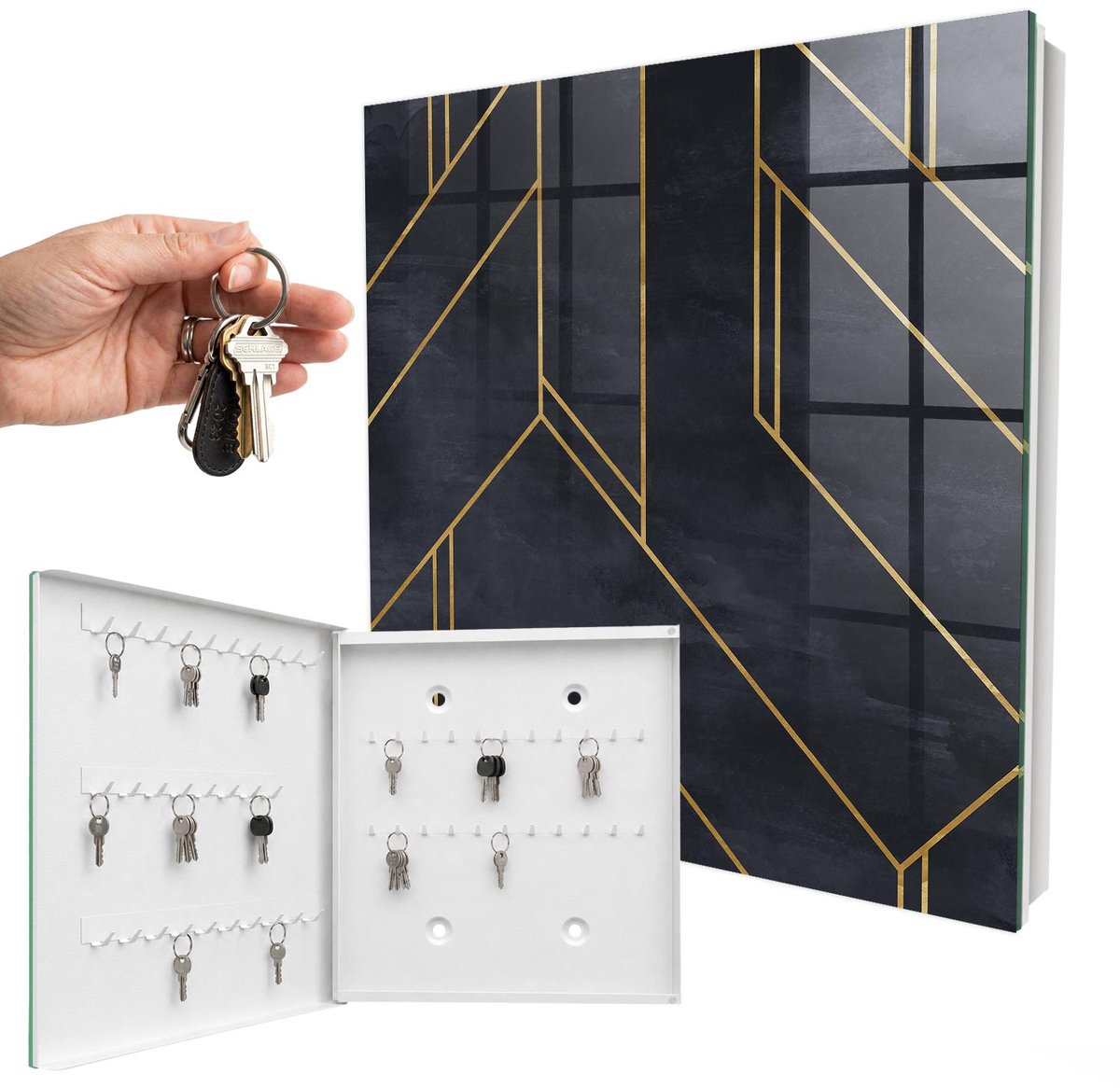 WallMuralia - Sleutelkast - 30x30x5 cm - met 50 haken - Geometrische Structuur Sleutelkastje Industrieel - Zwart Sleutelbox - Linksopenend - Wit interieur
