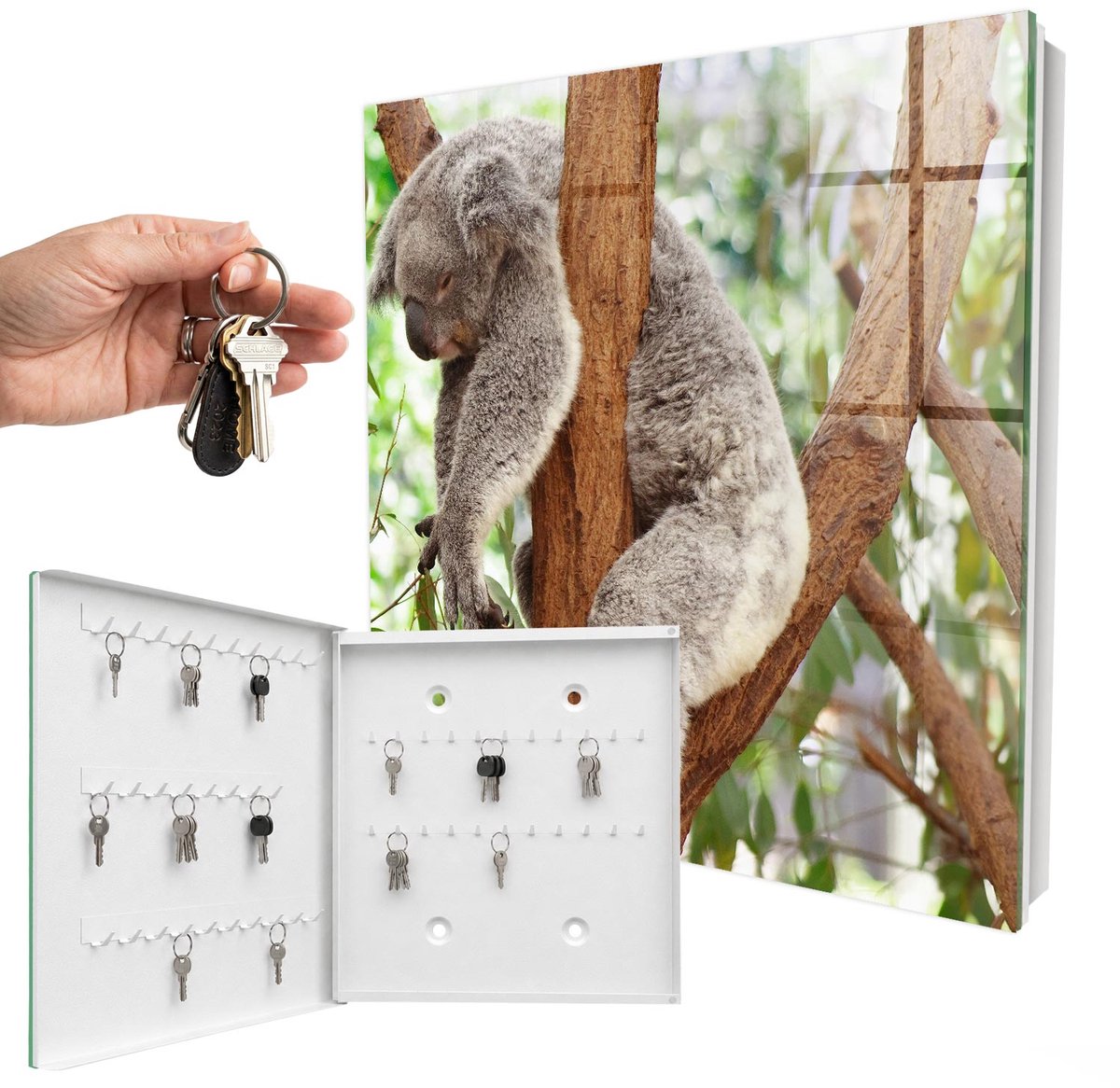 WallMuralia - Sleutelkast - 30x30x5 cm - met 50 haken - Koala Ontspanning Sleutelkastje Landelijk - Grijs Sleutelbox - Linksopenend - Wit interieur