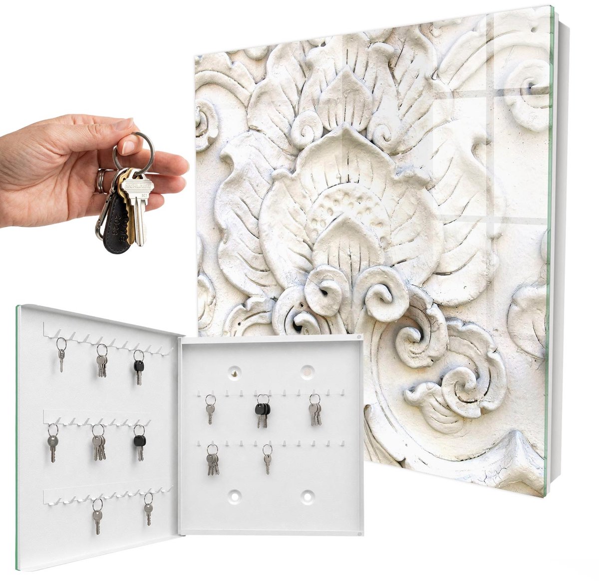 WallMuralia - Sleutelkast - 30x30x5 cm - met 50 haken - Bloemornamenten Sleutelkastje Modern - Wit Sleutelbox - Linksopenend - Wit interieur