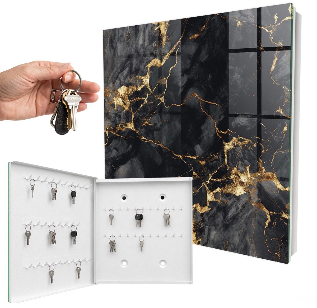 WallMuralia - Sleutelkast - 30x30x5 cm - met 50 haken - Zwart Marmer Groot Sleutelkastje - Zwart Sleutelbox - Linksopenend - Wit interieur