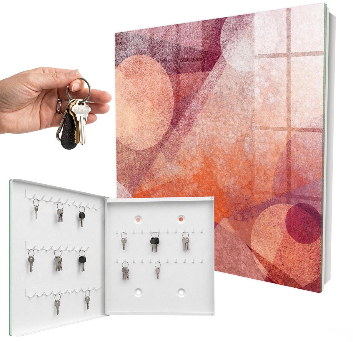 WallMuralia - Sleutelkast - 30x30x5 cm - met 50 haken - De Energie Van Abstractie Sleutelkastje Hal - Roze Sleutelbox - Linksopenend - Wit interieur