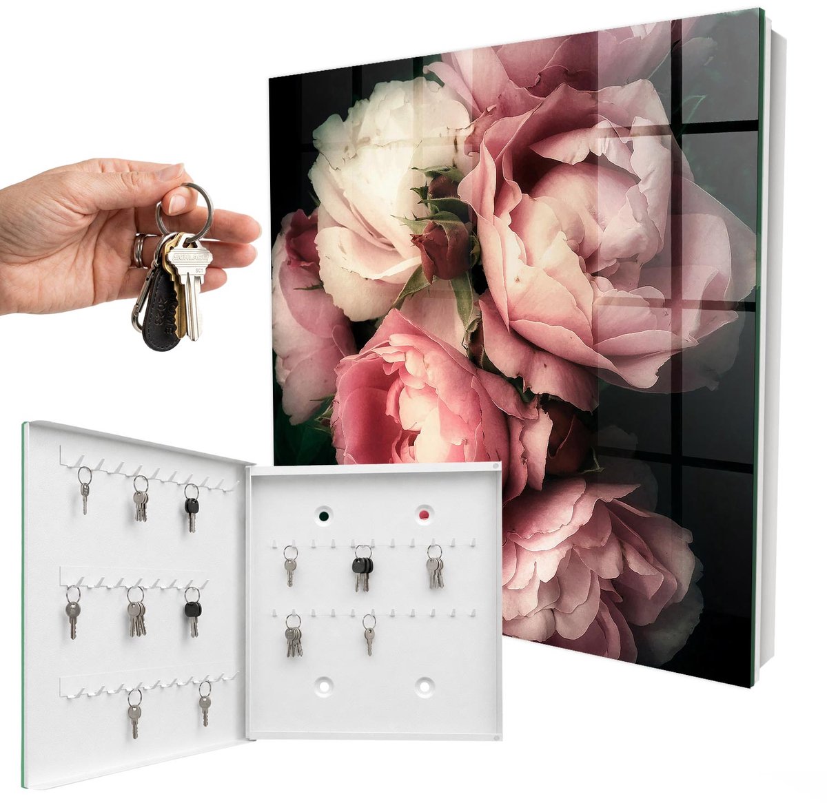 WallMuralia - Sleutelkast - 30x30x5 cm - met 50 haken - Bloemenpracht Sleutelkastje Klein - Roze Sleutelbox - Linksopenend - Wit interieur