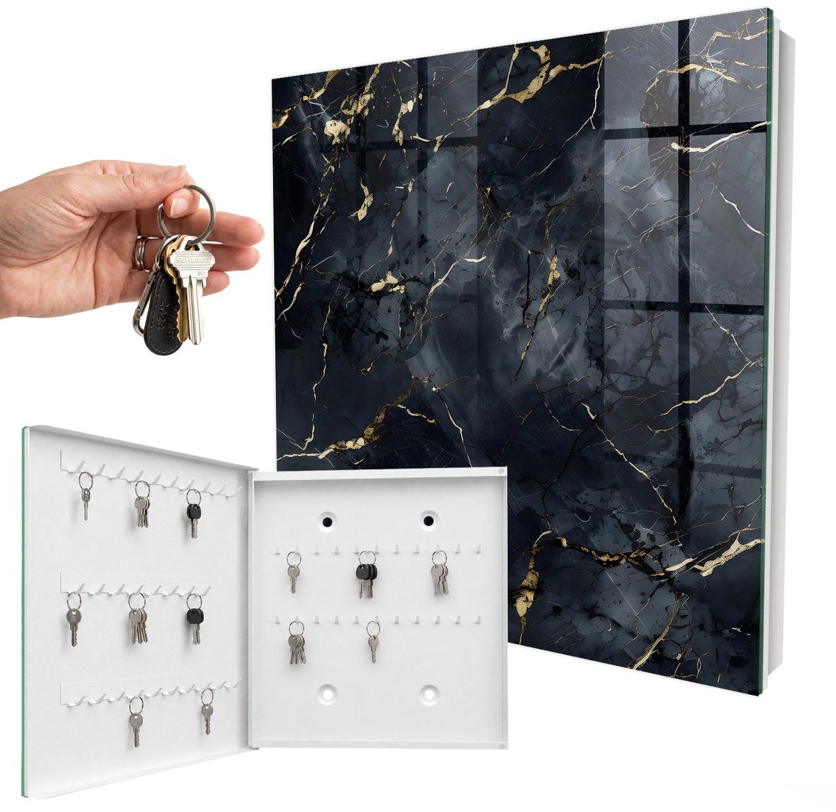 WallMuralia - Sleutelkast - 30x30x5 cm - met 50 haken - Moderne Elegantie Sleutelkastje - Grijs Sleutelbox - Linksopenend - Wit interieur