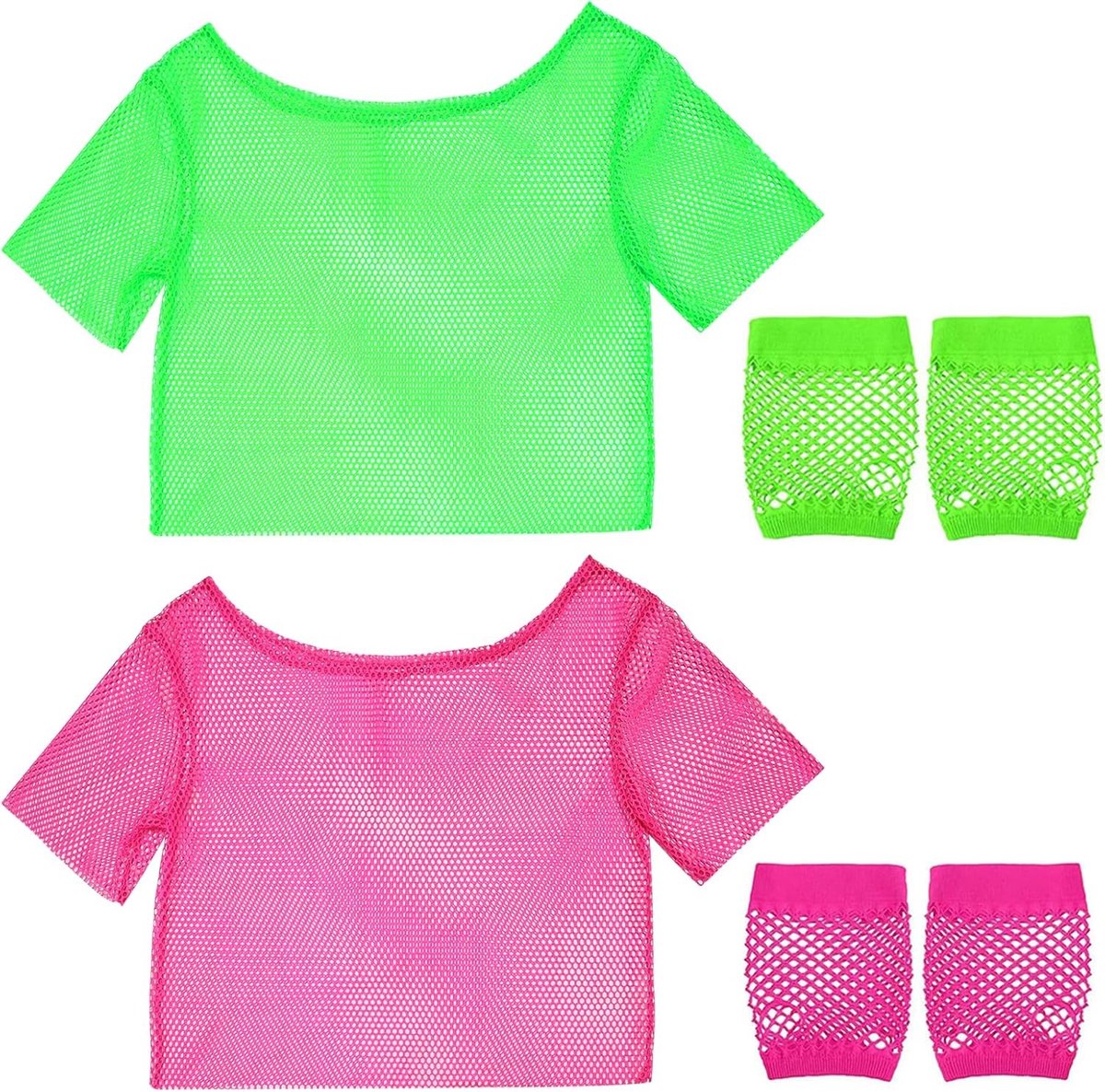 Stijlvolle 80s en 90s outfit voor vrouwen, 2-delige off-shoulder nettop met bijpassende handschoenen, perfect voor themafeesten en neon party's