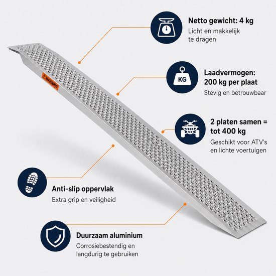 Aluminium oprijplaat met geperforeerd anti-slip oppervlak, met markeringen voor gewicht en draagvermogen.