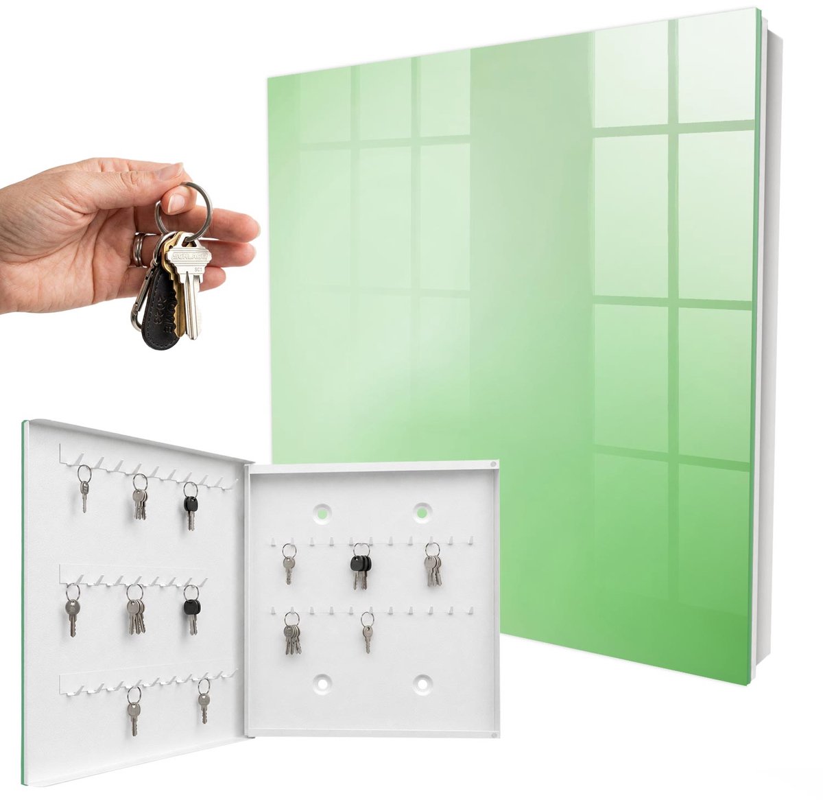 WallMuralia - Sleutelkast - 30x30x5 cm - met 50 haken - Groene Harmonie Sleutelkastje Hal - Groente Sleutelbox - Linksopenend - Wit interieur
