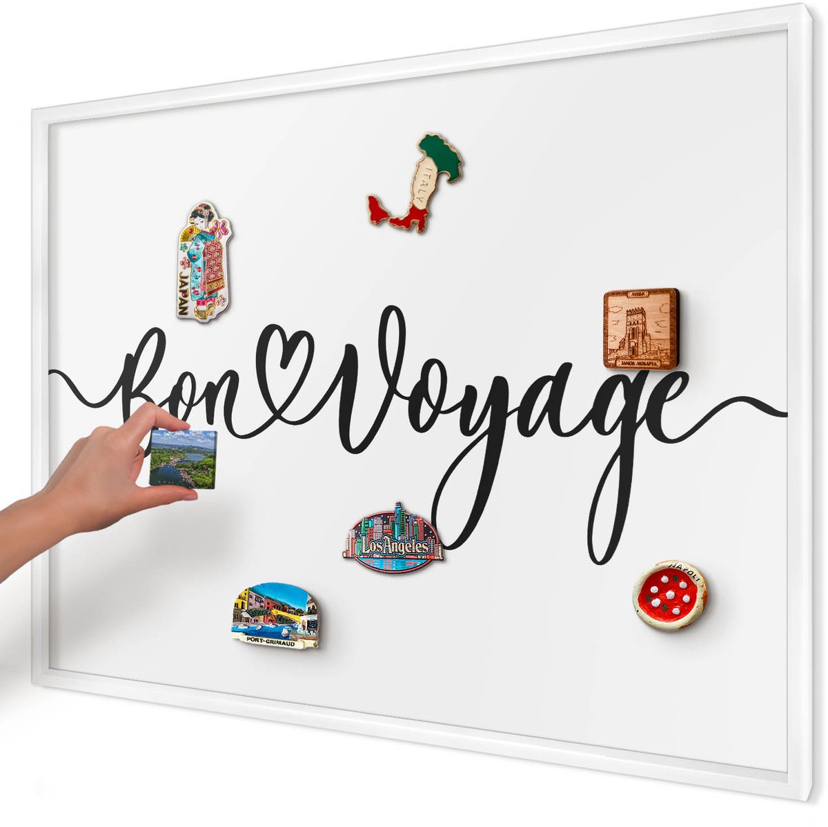 Artprintcave Zwart Magneetbord mit Witte Lijst - 100x70 cm - Goede Reis Magneetbord Voor Keuken - Typografisch Bord Voor Magneten - Teksten