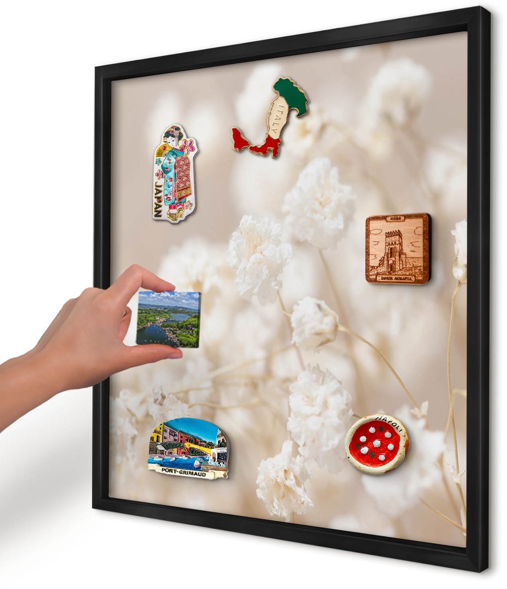 Artprintcave Beige Magneetbord mit Zwart Frame - 50x50 cm - Beige Bloemen Magnetisch Bord - Minimalist Wandbord Magnetisch - Bloemen En Planten
