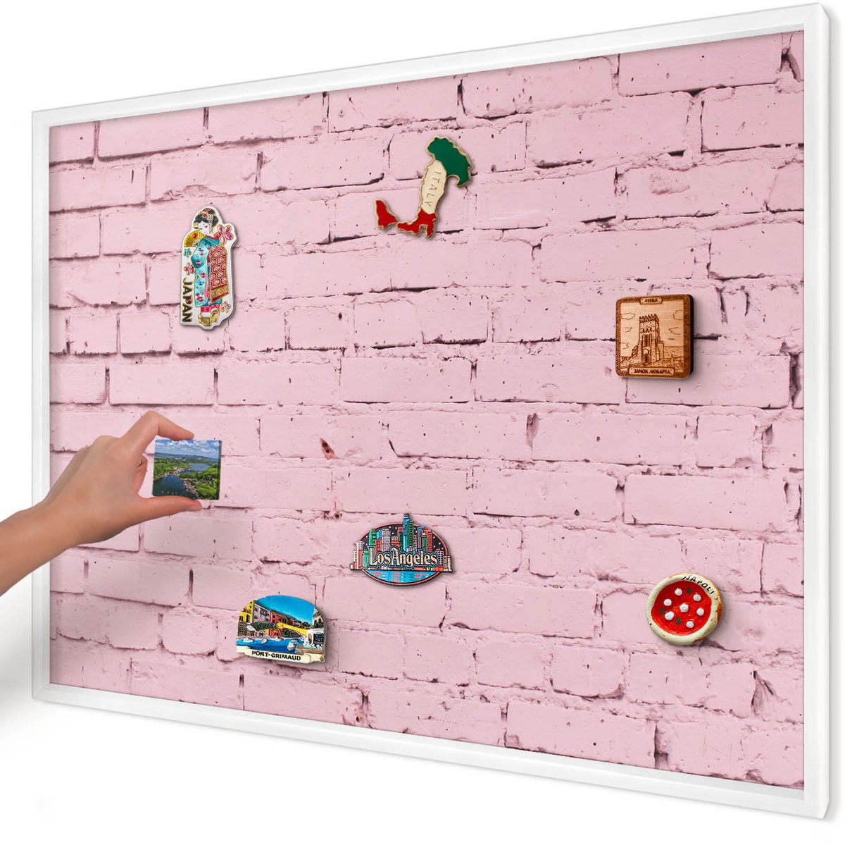 Artprintcave Roze Magneetbord mit Witte Lijst - 100x70 cm - Roze Baksteen Bord Voor Magneten - Minimalist Magneet Bord mit Frame - Texturen