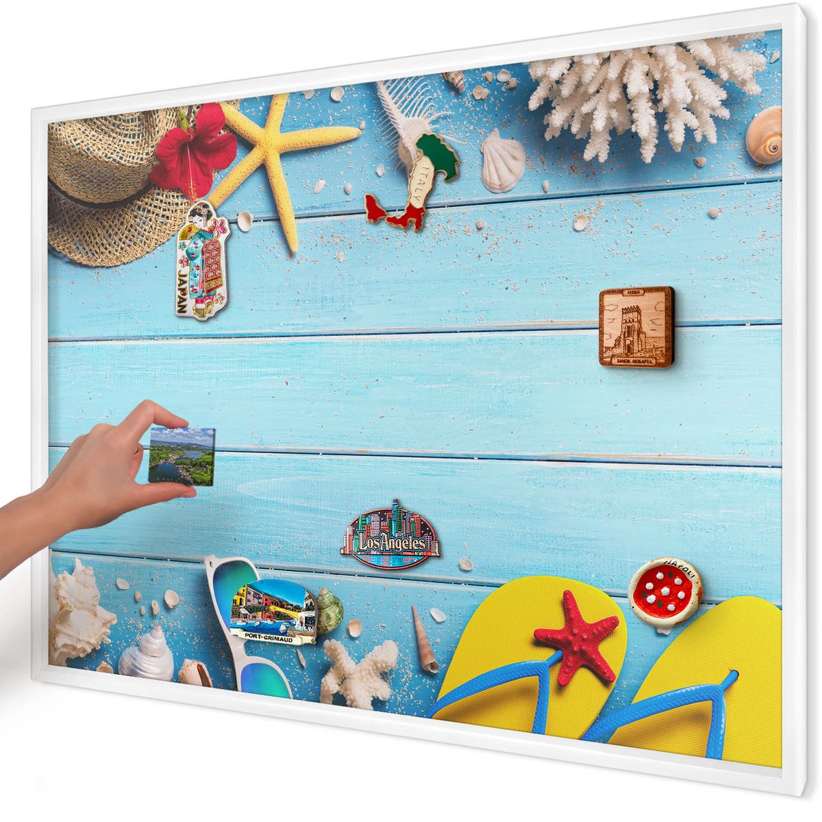 Artprintcave Blauw Magneetbord mit Witte Lijst - 100x70 cm - Vakantiestrand Magneetbord Voor Keuken - Minimalist Magnetisch Bord - Natuur