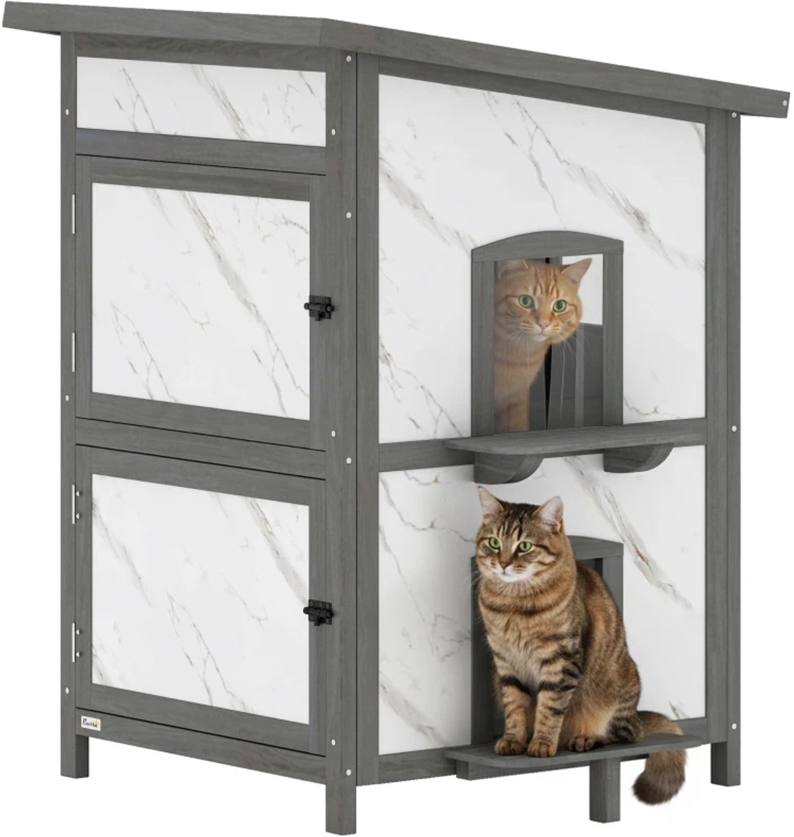 Kattenhuis - Voor buiten - Hok - Kooi - Bench - Ren - 2 verdieping - duurzaam - Grijs / Wit