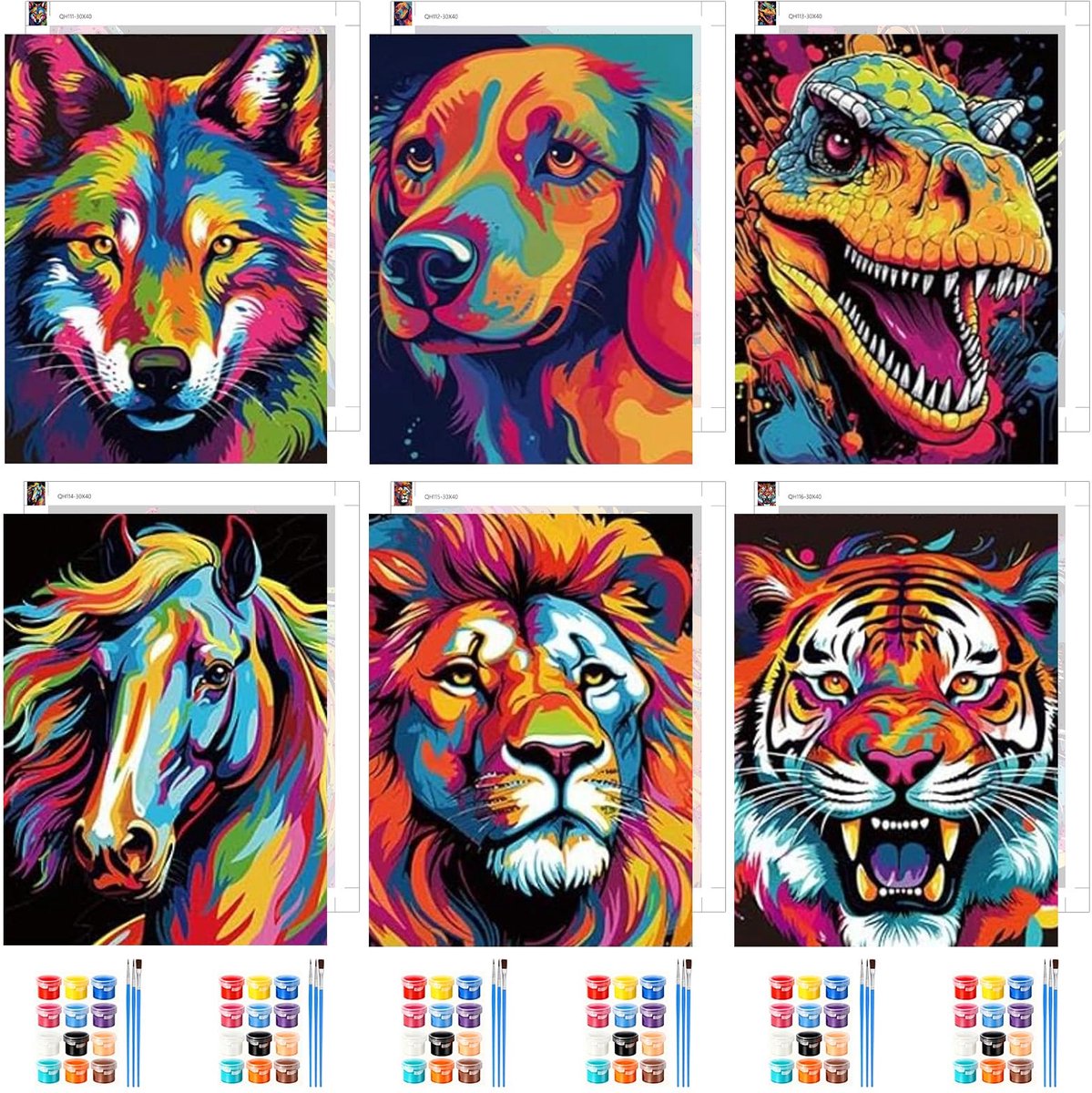 SnelShoppen - Set van 6 Kleurrijke Dieren Schilderen op Nummer voor Volwassenen en Kinderen - Inclusief Wolf, Hond, Dinosaurussen - Eenvoudige Doe-Het
