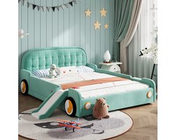 FloraGrace Kinderbed 140x200 cm - Autobed Met Glijbaan En Trap - Uitvalbeveiliging - Fluweel - Blauwgroen - Zonder Matras