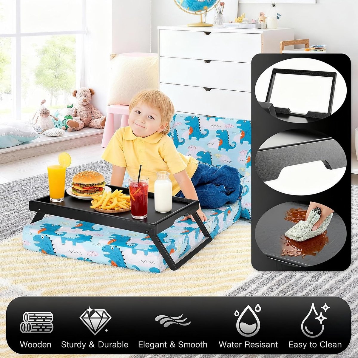 SnelShoppen - Houten ontbijt dienblad met opvouwbare poten, groot decoratief tray voor servies, dranken, ontbijt, feest, receptie, multifunctioneel, k — cadeau in Koken & Dineren - foto 5