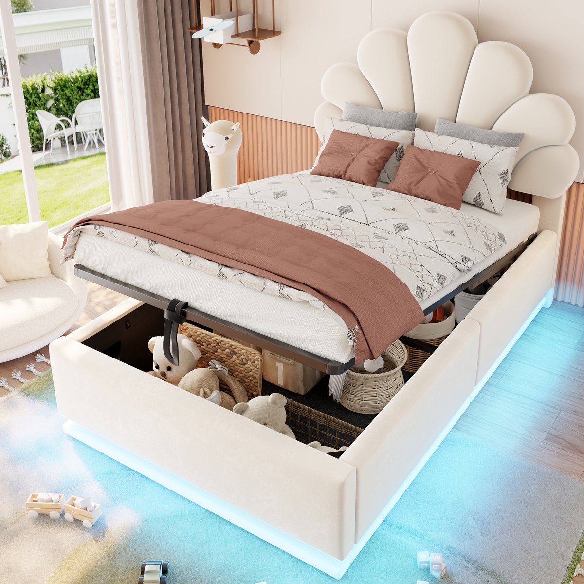 FloraGrace Bed 90x200 cm - Eenpersoonsbed Met LED Verlichting En Opbergruimte - Metalen Frame - Samt - Beige - Zonder Matras