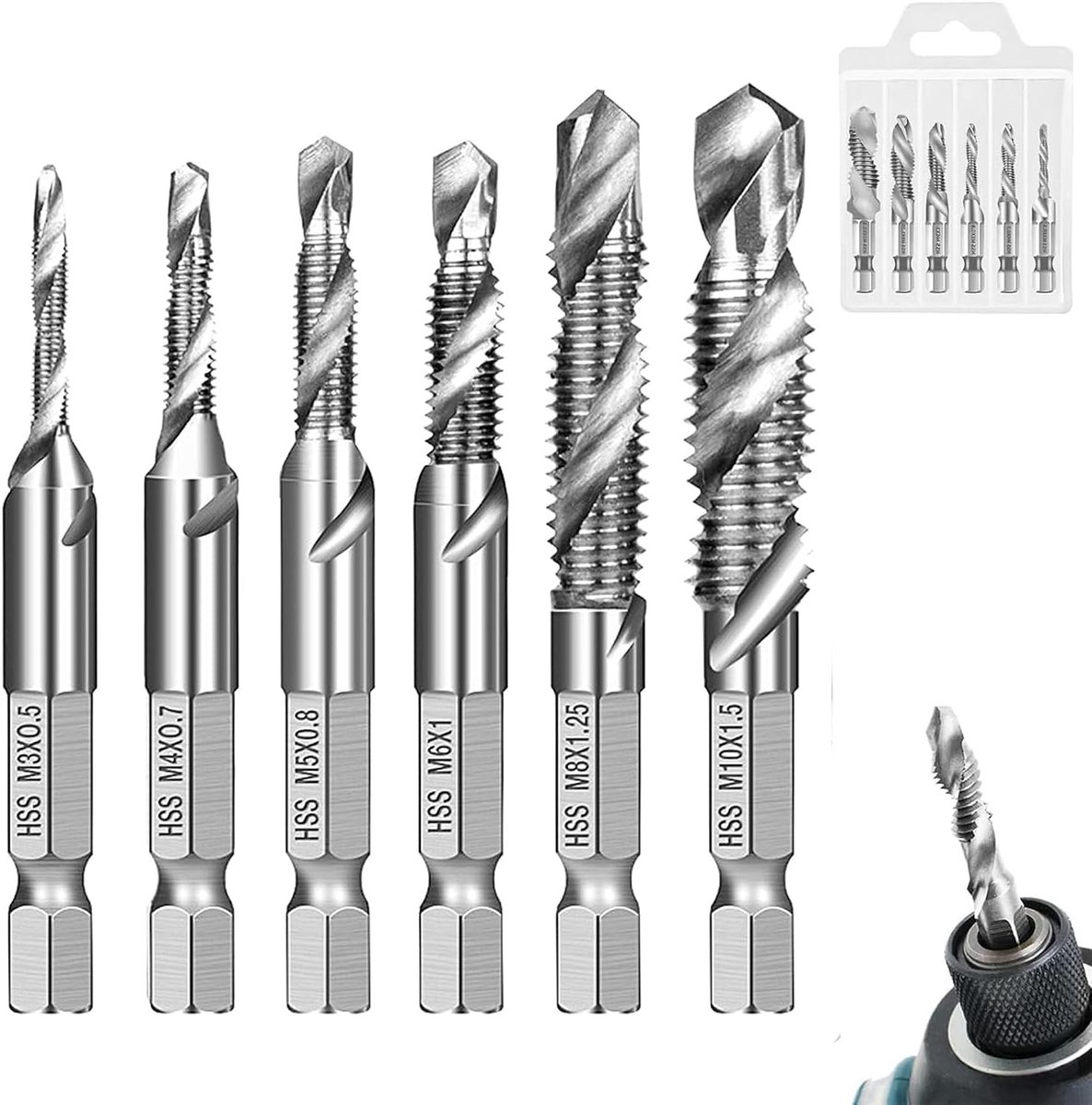 SnelShoppen - Pack van 6 Combi Bit Boor- en Draad Snijbits M3 M4 M5 M6 M8 M10 met Hex Shank - Roestbestendige HSS Staal Draadboor voor Metaal, Hout en