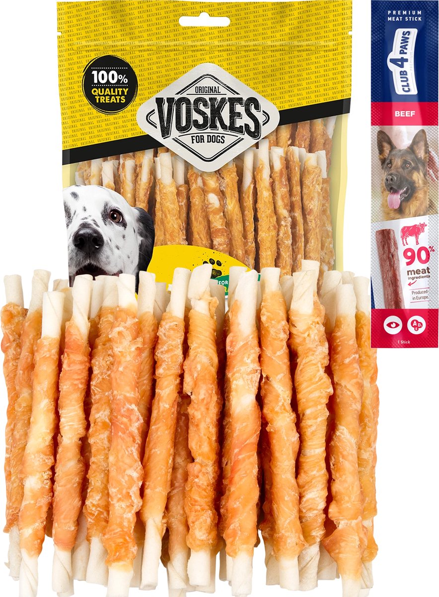 Voskes dog chews stick met kip 2 x 400 gram met gratis Club 4 Paws hondensnack
