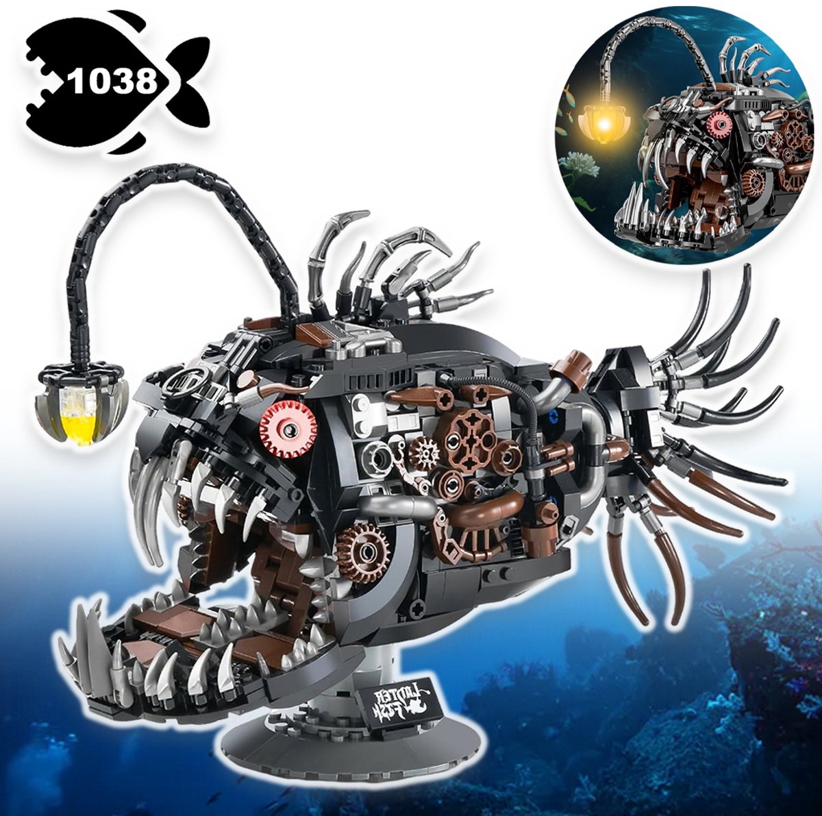 Mechanische Lantaarnvis Bouwblokken Met Oplichtende Kop En Beweegbare Kaak - 1038 Stuks ABS 30 cm - Ideaal Creatief Cadeau Voor Volwassenen En Tieners