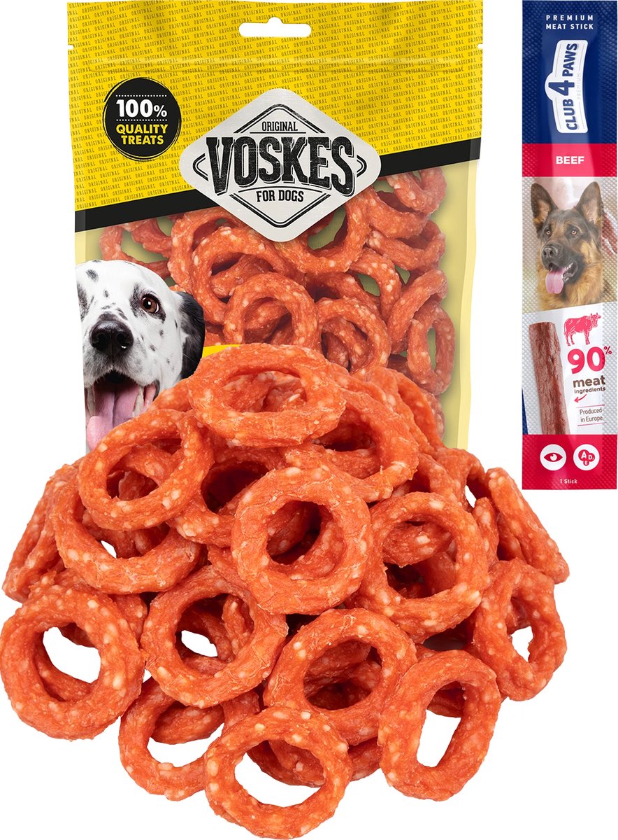 Voskes eend en rijst ringen 2 x 400 gram met gratis Club 4 Paws hondensnack