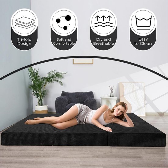 Opvouwbare Corduroy Matras - Drievoudig Gevouwen Vloermat - Dik, met Wasbare Overtrek - Ruimtebesparend voor Gasten (zwart, 135 x 190 cm - 10 cm) — afbeelding 2