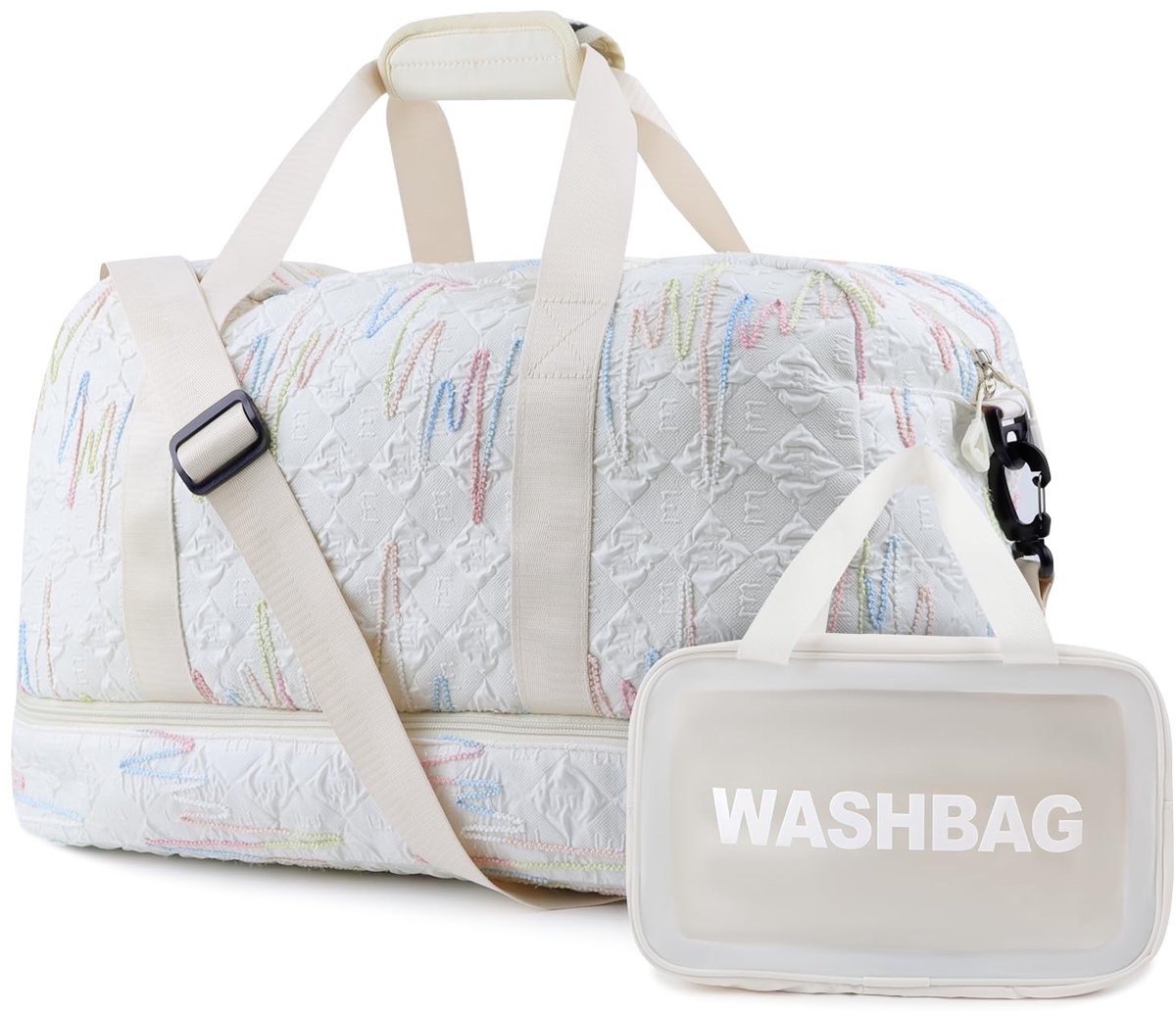 SnelShoppen - Reistas voor dames, Beige weekendtas met schoenenvak en natte zak, Draagtas voor overnachting, gymtas met toilettas, Reizen Duffle