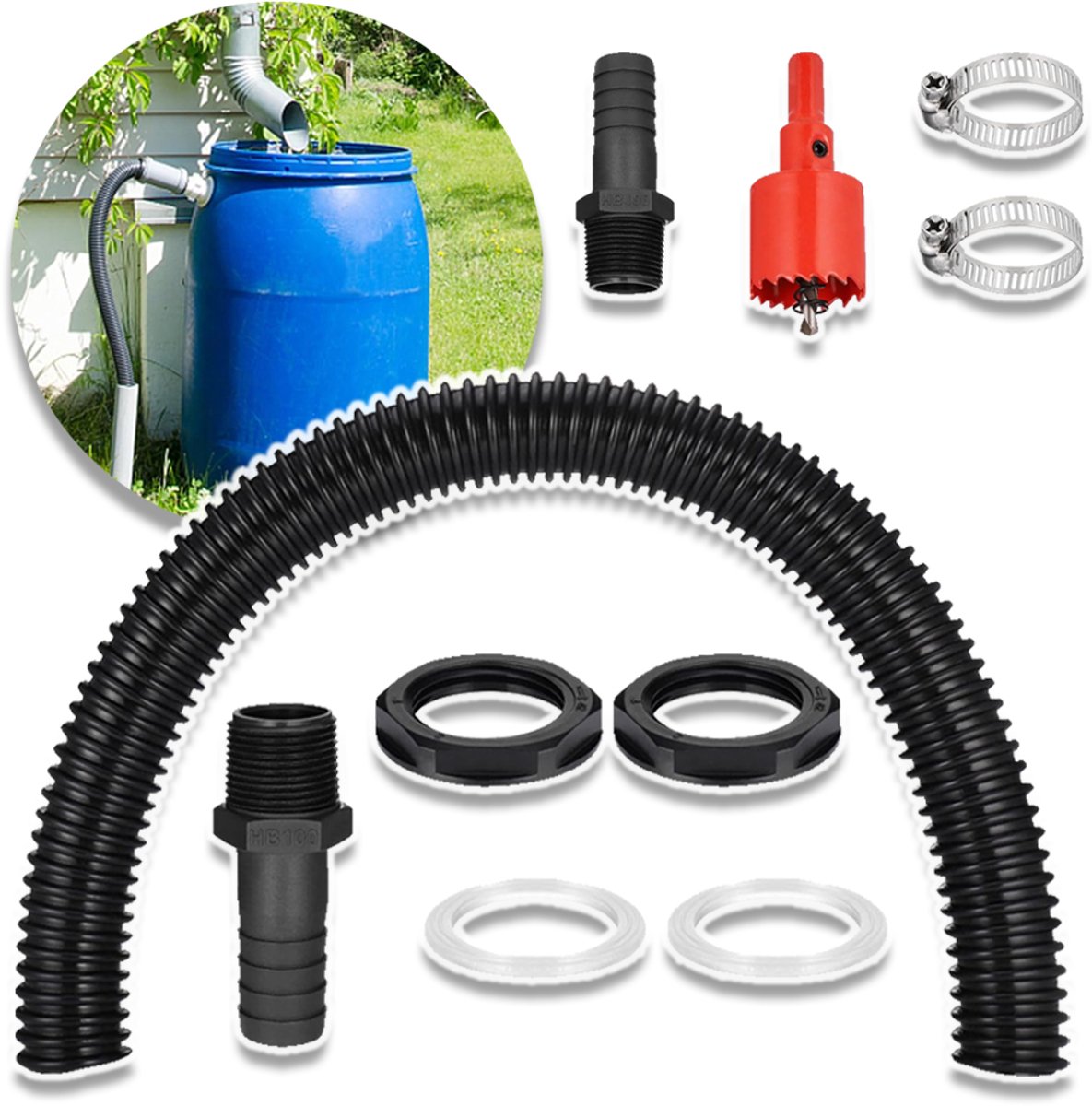 Regenton-Koppelingsset Met 2 Connectoren En 1 Meter Slang - Vorstbestendig PE Afdichtingsringen En Klemmen Boren En Monteren in Enkele Minuten - Voor Watertanks En IBC-Containers