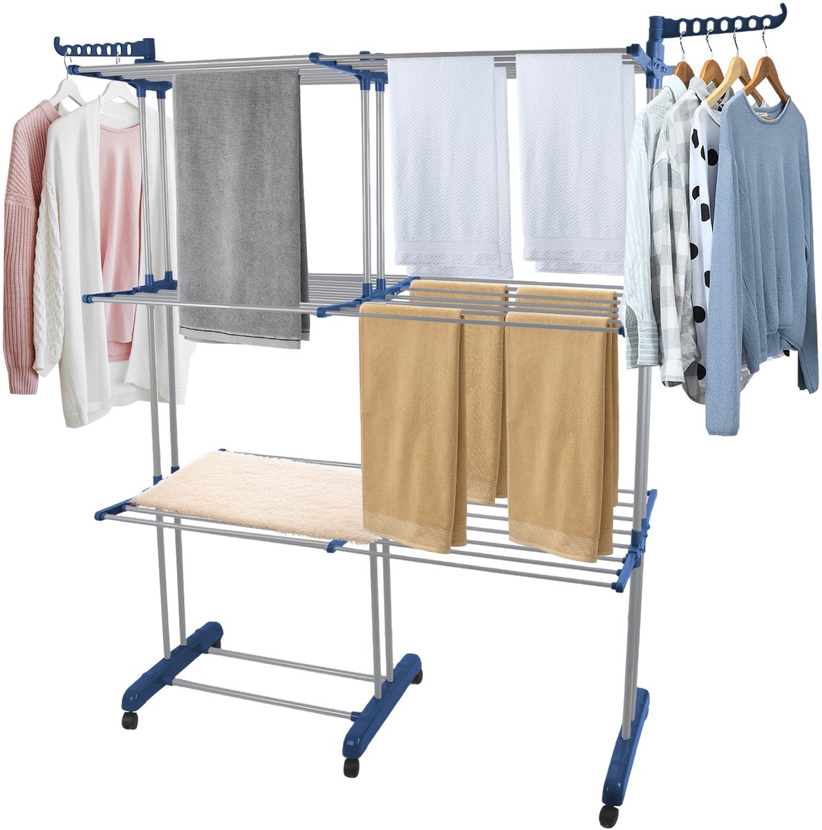 PIPIPOXER- Wasrek Inklapbaar-Droogrek-Staand Droogrek -Uitschuifbare Droogtoren – 3 Verdiepingen – 132 meter Drooglengte- Ruimtebesparend Wasrek -132x49x170 CM- Droogrek op Wielen - blauw