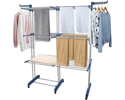 PIPIPOXER- Wasrek Inklapbaar-Droogrek-Staand Droogrek -Uitschuifbare Droogtoren – 3 Verdiepingen – 132 meter Drooglengte- Ruimtebesparend Wasrek -132x49x170 CM- Droogrek op Wielen - blauw