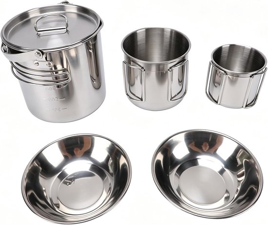 Camping Waterkoker Mok Set - Outdoor Koffie Set - Buiten Koken - Roestvrij Staal - 5 Delig - Zilver — afbeelding 3