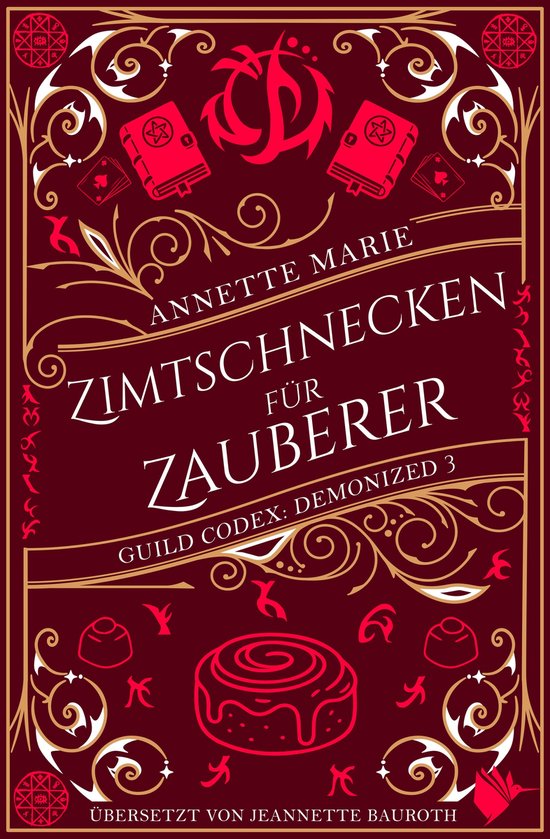 Boekomslag van 'Zimtschnecken für Zauberer' met rode en gouden sierlijke patronen, twee rode boeken en een rode kaneelbroodje.