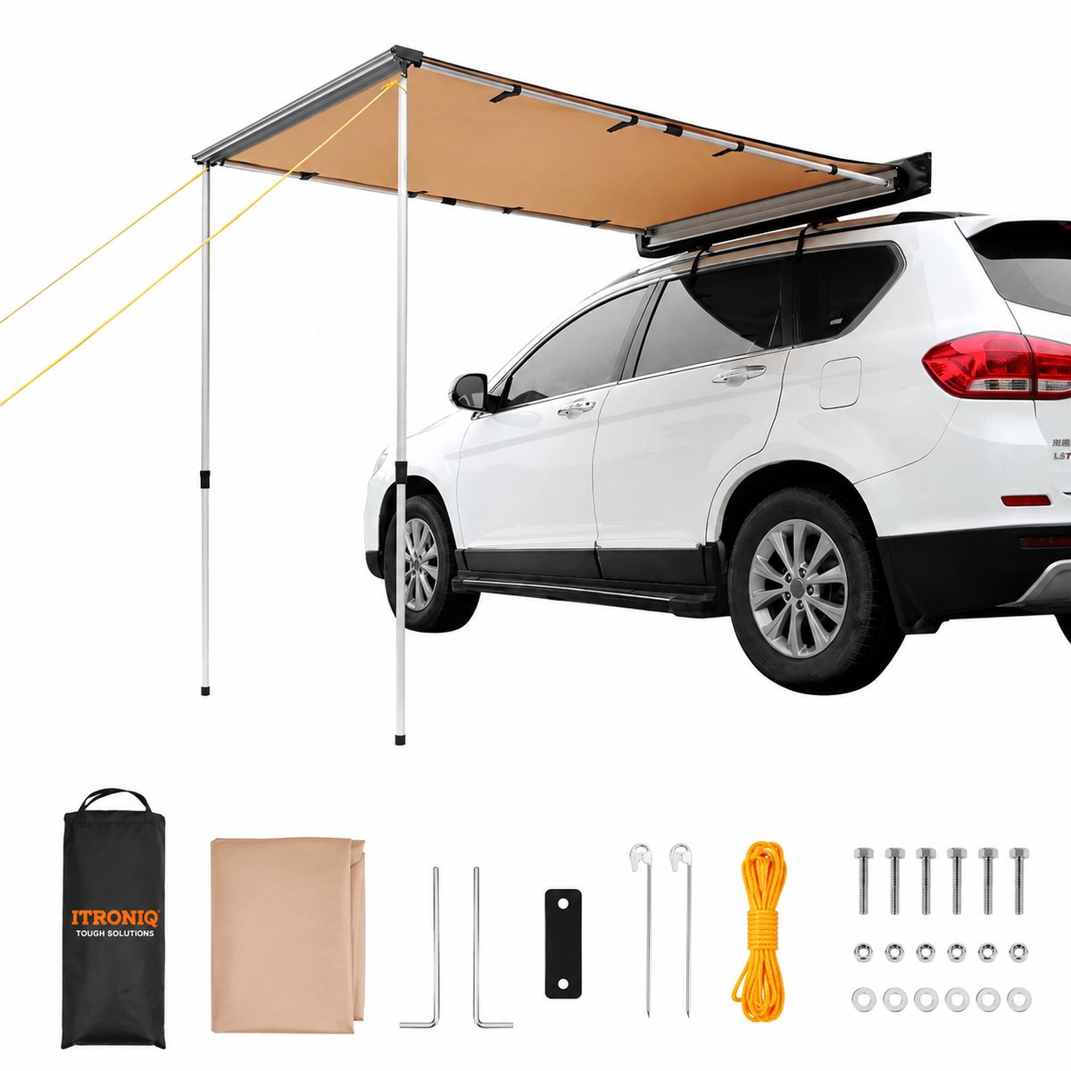 ITRONIQ Auto Luifel 200x250 CM – Voertuig Zijluifel Voor SUV, Camper & Bus – Waterdicht - UV50+ Zonwering Met Dakmontage – Beige