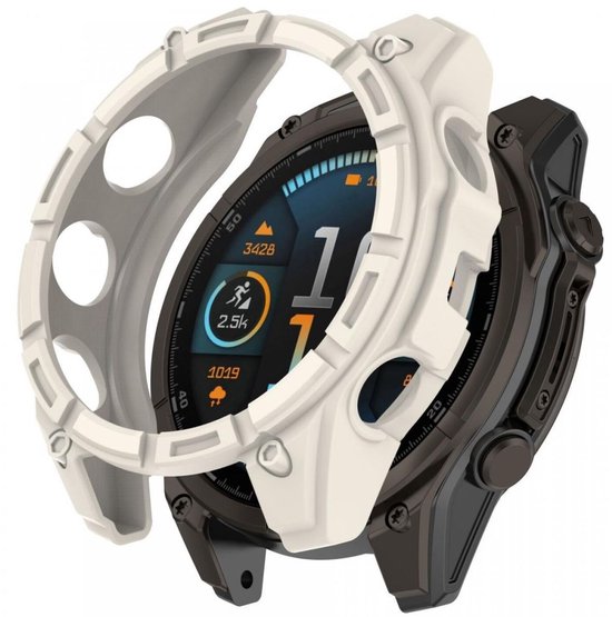 Wit hoesje om een zwarte smartwatch met een gedetailleerd scherm. Het hoesje heeft knoppen aan de zijkant.